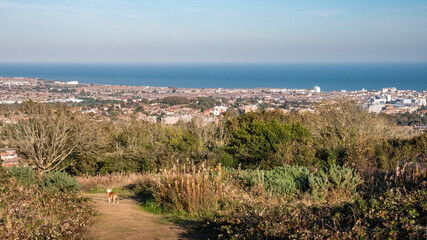 Eastbourne, East Sussex, England, UK. An elevated view of the English south coast seaside resort town taken from the South Downs.