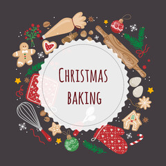 Christmas baking elements concept in round composition. Kitchen utensils,cookies