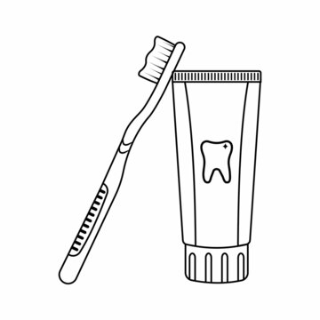 Toothbrush and toothpaste, black outline on white background