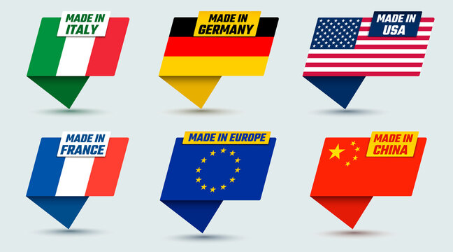 "Made in USA" label. Collection of vector labels with different countries: USA, China, Germany, Italy, France, Europe. Manufactured emblems with national flags to indicate the country of origin.