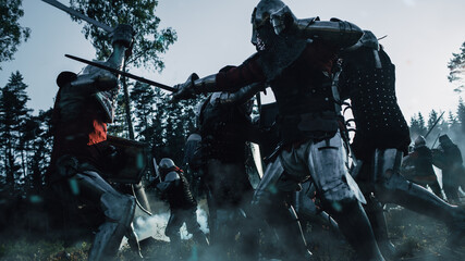 Epic Armies of Medieval Knights on Battlefield Clash, Plate Body Armored Warriors Fighting Swords...