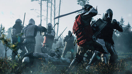 Epic Armies of Medieval Knights on Battlefield Clash, Plate Body Armored Warriors Fighting Swords...