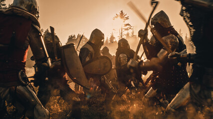 Epic Battlefield: Armies of Medieval Knights Fighting with Swords. Brutal Action Battle of Armored...