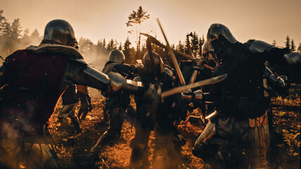 Epic Battlefield: Armies of Medieval Knights Fighting with Swords. Brutal Action Battle of Armored...