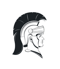 Roman centurion. Portrait of a Roman soldier in a helmet with crest in profile. Template for logo. Vector illustration 