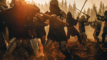 Fototapeta premium Epic Battlefield: Armies of Medieval Knights Fighting with Swords. Dark Ages Warfare. Action Battle of Armored Warrior Soldiers, Killing Enemies. Cinematic Historical Reenactment.