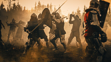 Epic Battlefield: Armies of Medieval Knights Fighting with Swords. Dark Ages Warfare. Action Battle...