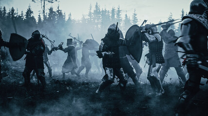 Epic Battlefield: Armies of Medieval Knights Fighting with Swords. Dark Ages Warfare. Action Battle of Armored Warrior Soldiers, Killing Enemies. Blue Cinematic Historical Reenactment.