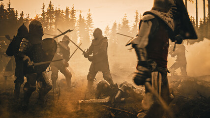 Epic Battlefield: Two Armored Medieval Knights Fighting with Swords. Dark Ages Army Warfare. Action...