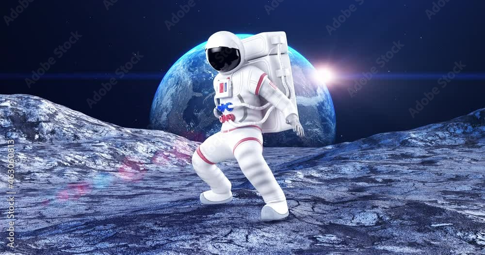 Wall mural astronaut making karate moves on planet surface. planet earth on background. space and technology re