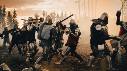 Epic Battlefield: Armies of Medieval Knights Fighting with Swords. Dark Ages Warfare. Action Battle of Armored Warrior Soldiers, Killing Enemies. Cinematic Historical Reenactment. - obrazy, fototapety, plakaty