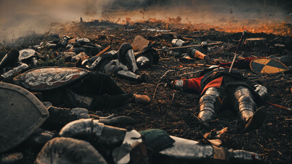 After Epic Battle Bodies of Dead, Massacred Medieval Knights Lying on Battlefield. Warrior Soldiers Fallen in Conflict, War, Conquest, Warfare, Colonization. Cinematic Dramatic Historical Reenactment - obrazy, fototapety, plakaty