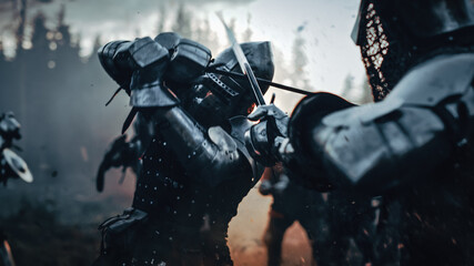 Medieval Knight Walking on Battlefield amidst Dead Enemies. Last Surviving Crusader, Soldier,...