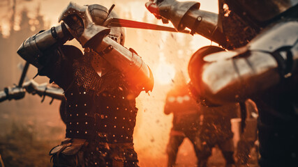 Epic Battlefield: Two Armored Medieval Knights Fighting with Swords. Dark Ages Army Warfare, Bloody...