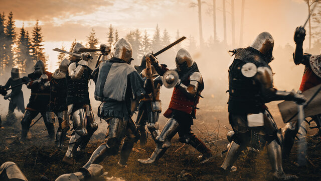 Epic Battlefield: Armies of Medieval Knights Fighting with Swords. Dark Ages Warfare. Action Battle of Armored Warrior Soldiers, Killing Enemies. Cinematic Historical Reenactment.