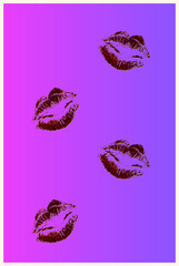 Marsala lips lipstick. 4 prints. The day of the kiss. Vector illustration on purple background. Decorative element for printing or design.