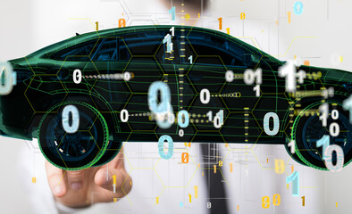 Man holding and touching holographic smart car