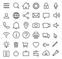 Web application interface icon collection. Internet page and website vector symbol set. Search, home, settings, account, lock and info button sign. Mouse cursor, magnify, wi-fi and user profile logo.