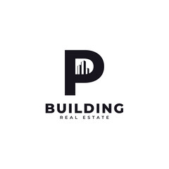 Fototapeta premium Real Estate Icon. Letter P Construction with Diagram Chart Apartment City Building Logo Design Template Element