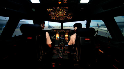 Rear view of piloting crew in cockpit preparing for departure and take off 