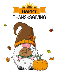 Happy thanksgiving card. Gnome with a turkey and pumpkin. Isolated vector