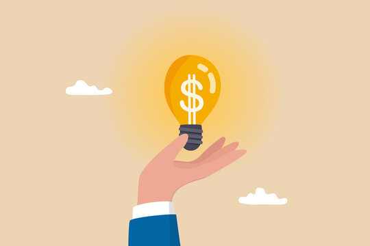 Enlighten money idea, investment and savings with high profit, business idea to make money or profit, innovation or creativity concept, businessman hand hold brightly lit money dollar lightbulb idea.