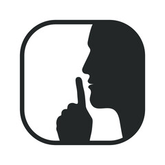 No talking please. Head human silhouette with finger on lips. Sign ask for silence isolated on white background. Vector illustration - obrazy, fototapety, plakaty
