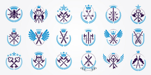 Weapon logos big vector set, vintage heraldic military emblems collection, classic style heraldry design elements, ancient knives spears and axes symbols. © Sylverarts