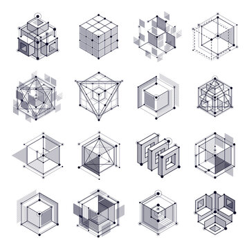 Engineering technological black and white vector 3D wallpapers set made with cubes and lines. Illustration of engineering system, abstract technological backdrop. Abstract technical background.