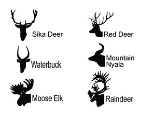 Deer head collection vector silhouette illustration isolated on white. Mountain nyala antelope. Moose elk. Reindeer buck. Red deer grassing. Waterbuck african deer. Sika symbol. Safari trophy antlers.