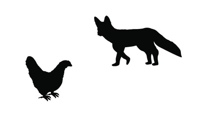 Cunning fox lurks a hen vector silhouette illustration isolated on white background. Smart animal predator. Fox hunting hen chicken behind back. Farm chantry poultry in danger. Scary domestic bird.