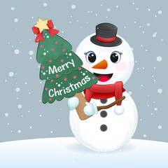 Cute snowman holding Christmas tree. Christmas season illustration.