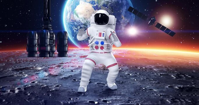 An Astronaut Attacking To An Alien. Planet Earth On Background. Space And Technology Related 3D Animation.