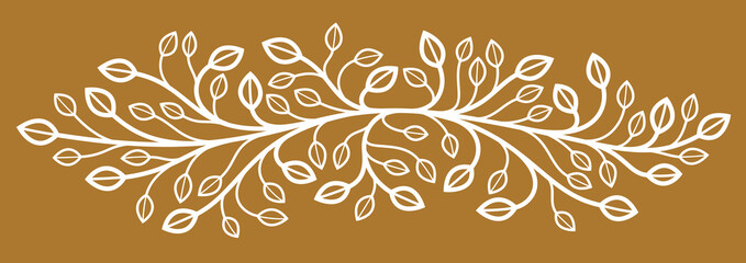 Beautiful linear floral vector design on dark, leaves and branches elegant text divider border element for layouts, fashion style classical emblem, luxury vintage graphics.