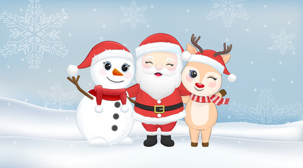 Cute santa claus, snowman and deer in winter, Christmas season illustration.
