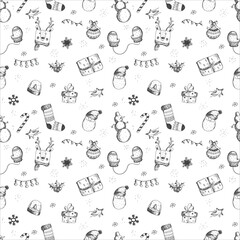 Seamless Christmas vector hand drown pattern. Holiday decorations. Seamless Christmas and New Year pattern. Warm crocheted winter mittens and various sweets.