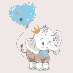 Vector illustration of a cute baby elephant boy, with crown and blue balloon.