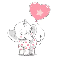 Badkamer foto achterwand Schattige dieren Vectorillustratie van een schattige babyolifant, met roze ballon.