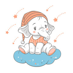 Vector illustration of a cute baby elephant, sitting on the cloud.
