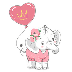 Vector illustration of a cute baby elephant girl, with pink balloon.
