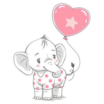 Vector illustration of a cute baby elephant, with pink balloon.