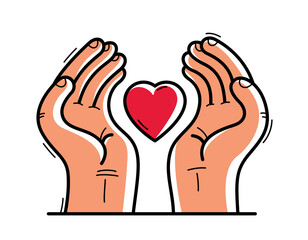 Obraz premium Two hands and human heart protecting and showing care vector flat style illustration isolated on white, cherish and defense for health concept, love security and safety.