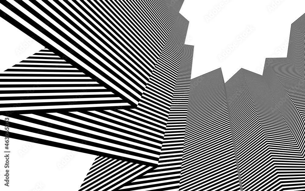 Poster abstract vector 3d lines background, black and white linear perspective dimensional optical pattern.