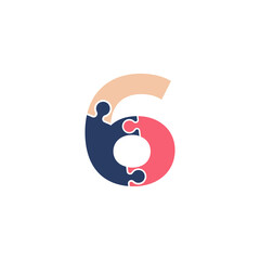 Number 6 with Team Puzzle Jigsaw Connectivity Logo Design Template Element