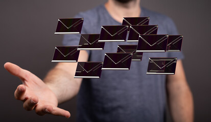 touching 3D rendering flying email icon with his fin