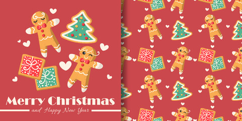 Christmas holiday season banner with Merry Christmas text and seamless pattern of ginger bread in boy, Christmas tree and gift boxes shape on red background with tiny hearts. Vector illustration.