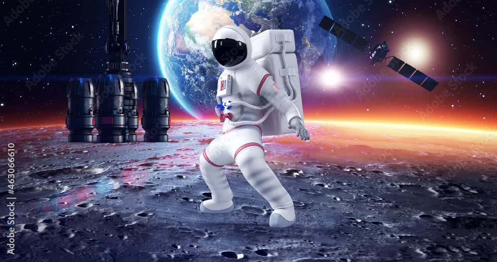 Wall mural astronaut making kung fu moves on planet surface. planet earth on background. space and technology r