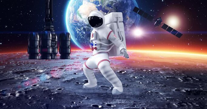 Astronaut Making Kung Fu Moves On Planet Surface. Planet Earth On Background. Space And Technology Related 3D Animation.