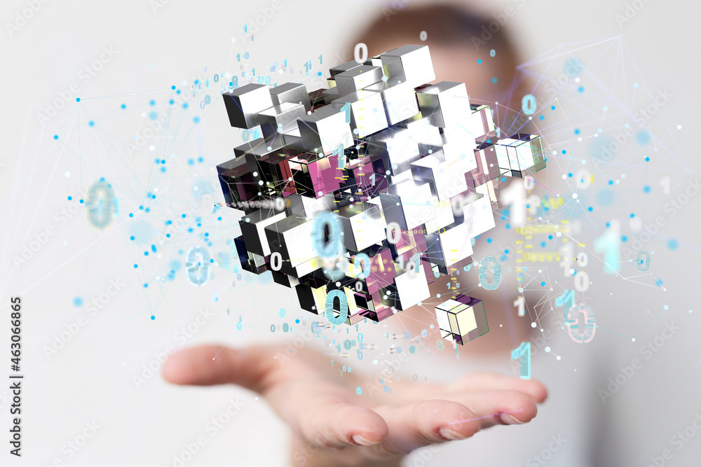 Poster Augmented Analytics Data cloud storage network from lines, triangles and particle style design. Illustration