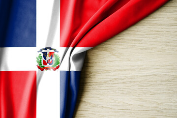 Dominican Republic flag. Fabric pattern flag of Dominican Republic. 3d illustration. with back space for text.